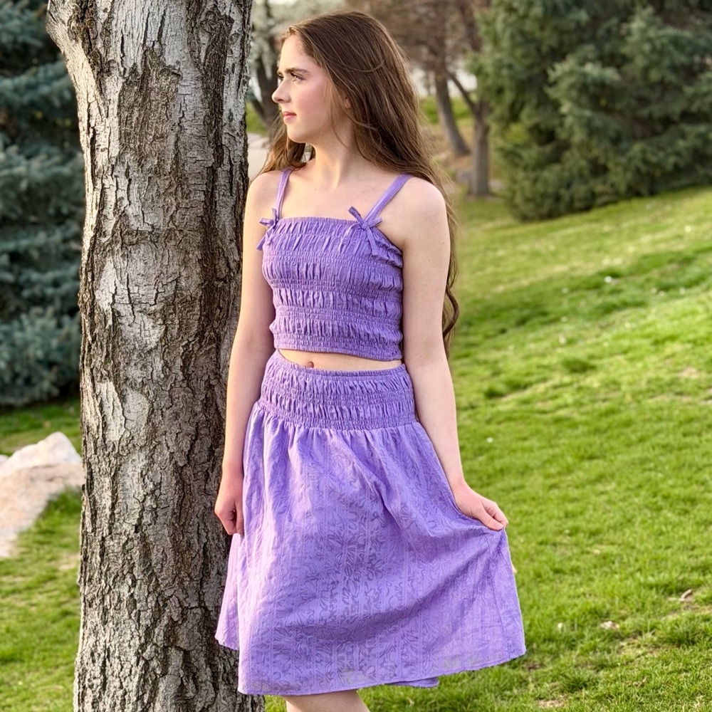 BCBG Girls Summer purple midi skirt and crop top set, size Large, girls 14-16